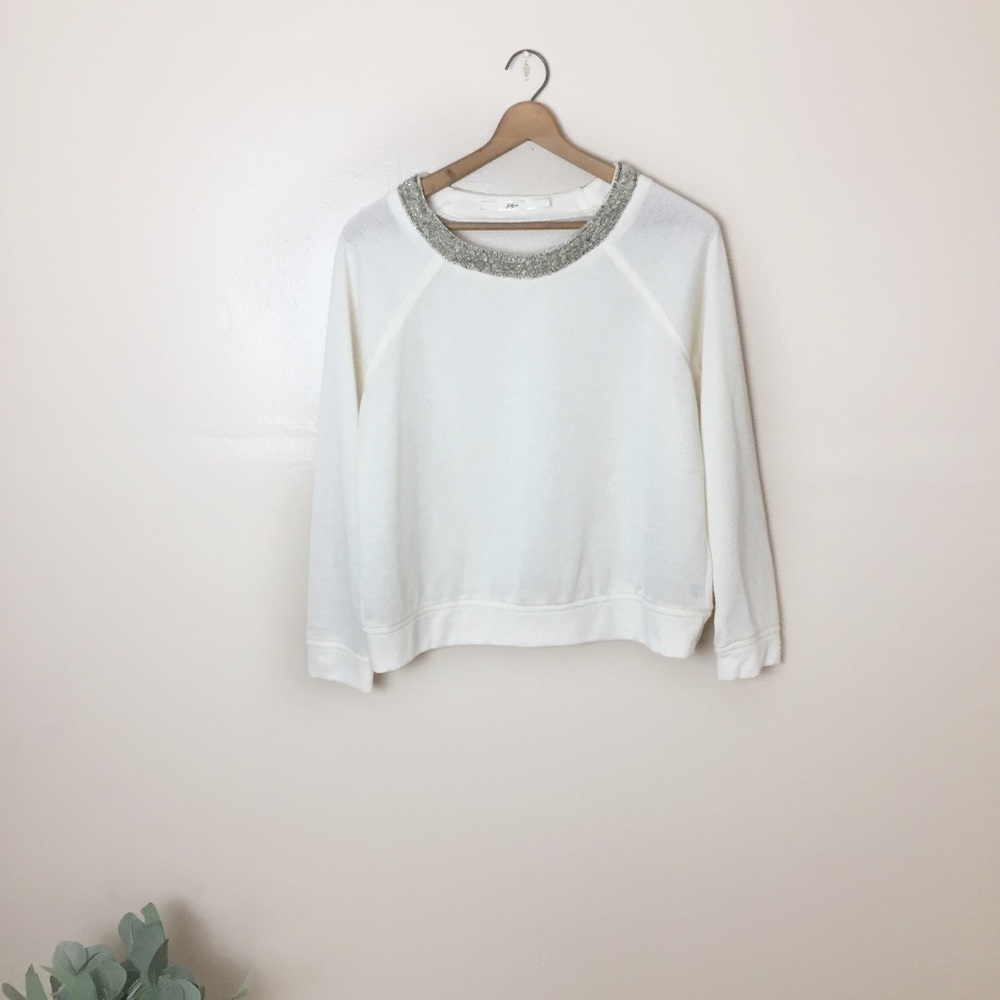 [Gibson] Ivory Round Neck Long Sleeve Beaded Collar Sweater